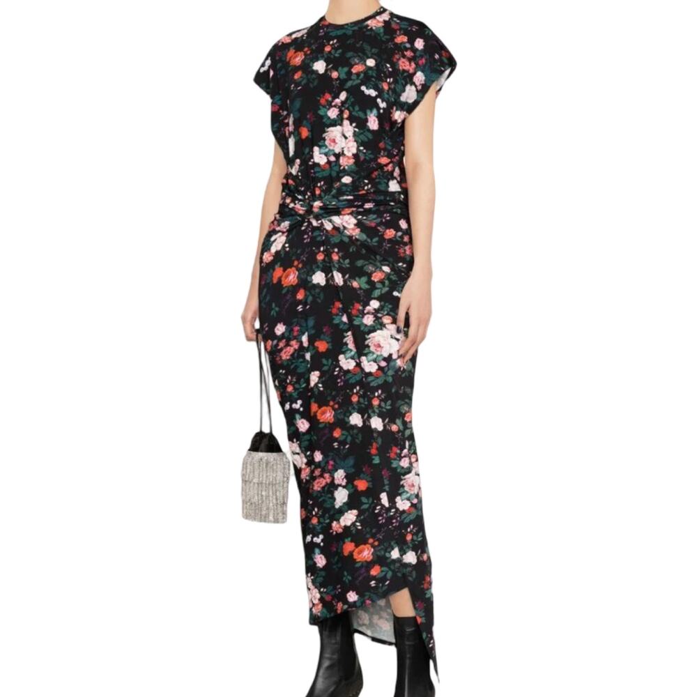 Paco Rabanne Black Pink Floral Cap Sleeve Belt Faux Wrap Midi Dress 44 / 12 NEW - Picture 2 of 14